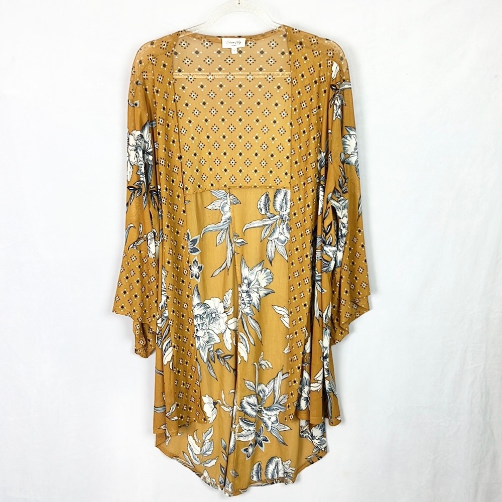 SIREN LILY |⚜️ Dark Goldenrod & Navy Floral Print 3/4 Sleeves Stretchy Cardigan